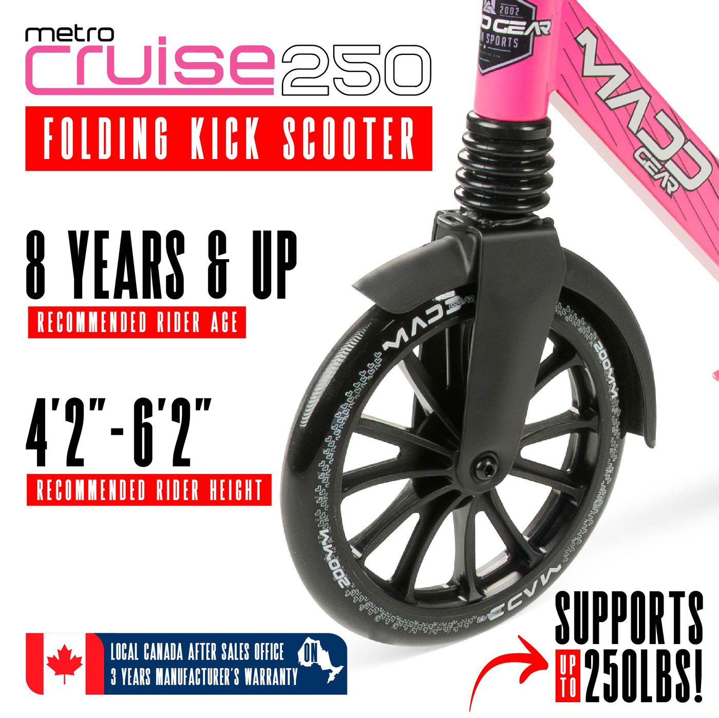 Madd Gear Razor Metro Cruise 250 Folding Adjustable Commuter Scooter Teens Adults Pink Black 200mm