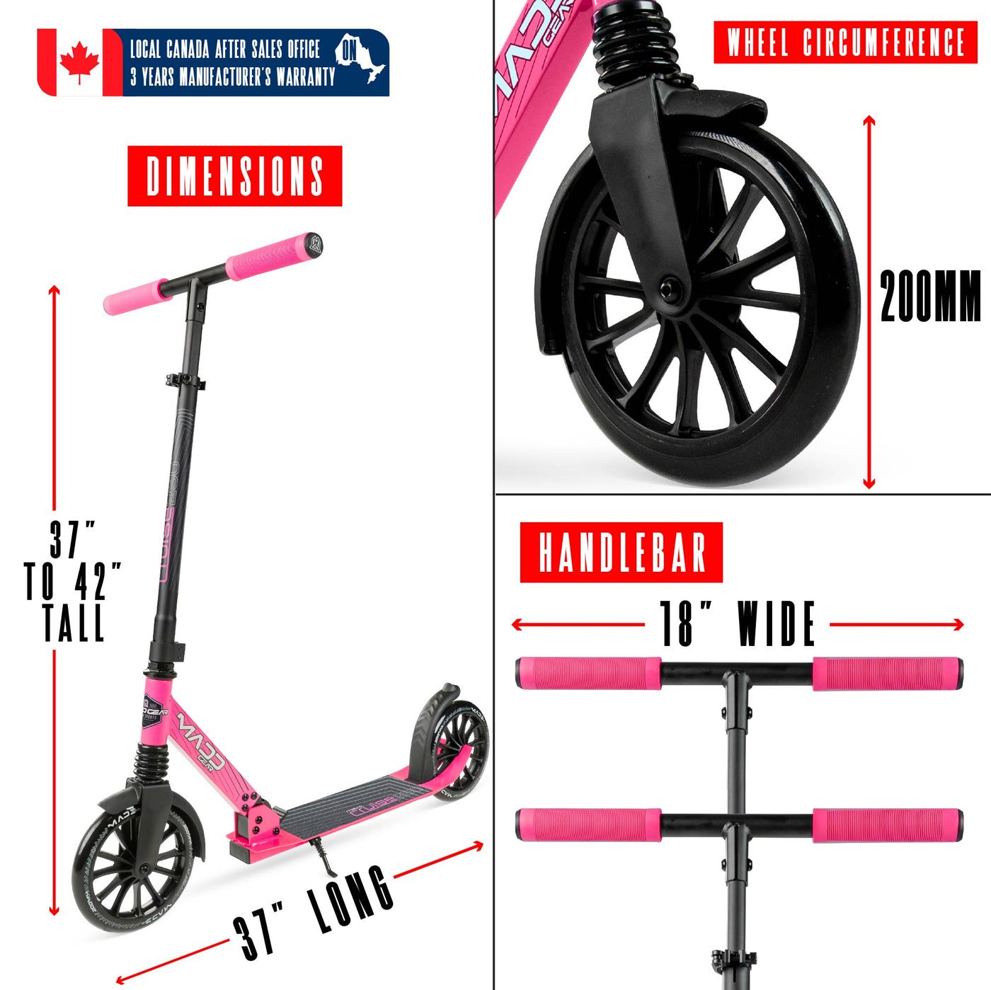 Madd Gear Metro Cruise 250 Pink Black 200mm Wheel Scooter. Ultra smooth rolling and compact folding action. Adjustable height for riders of all heights.