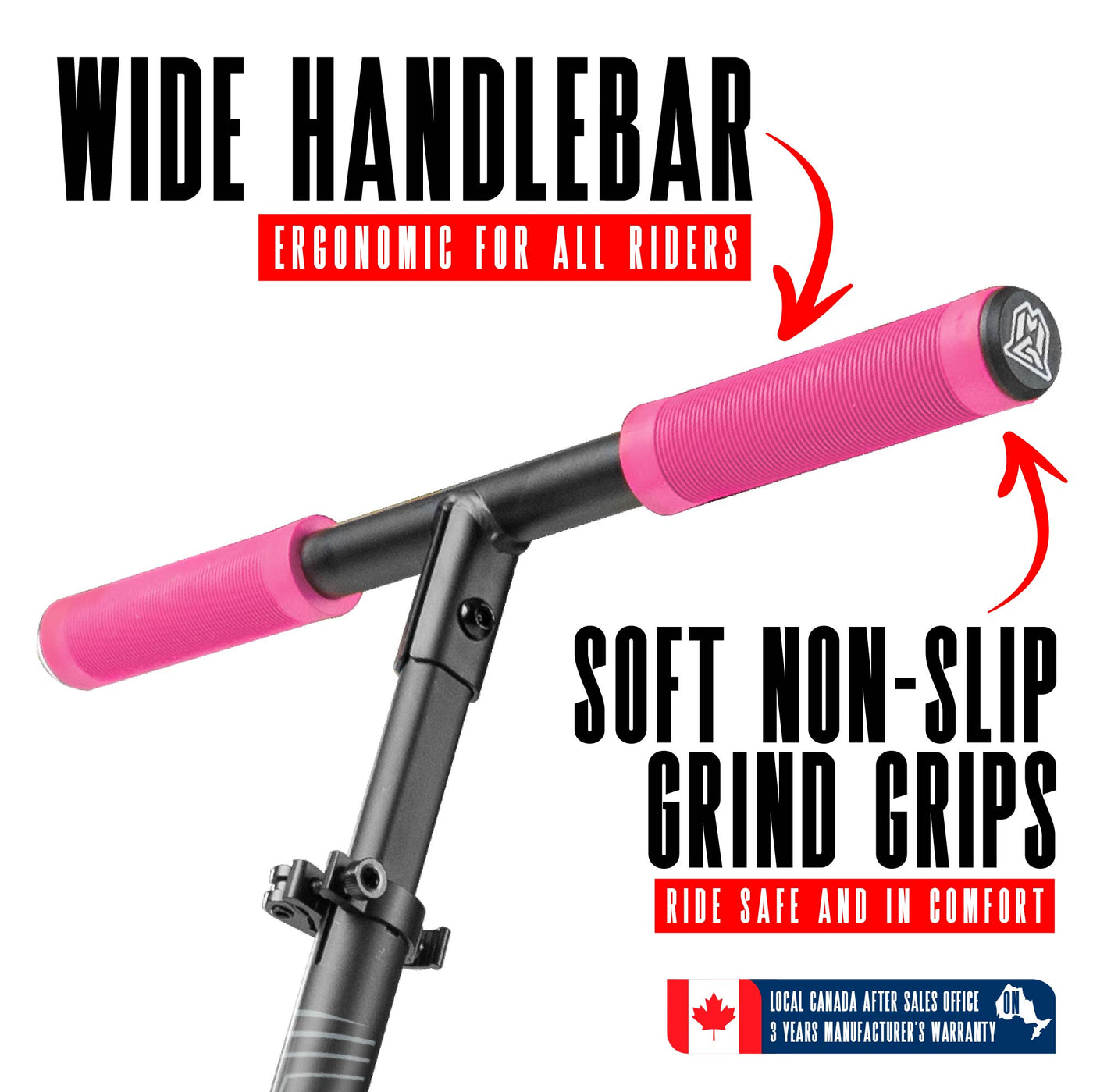 Madd Gear Metro Cruise 250 Commuter Scooter Pink Black with soft non-slip grips and a 2-piece handlebar.