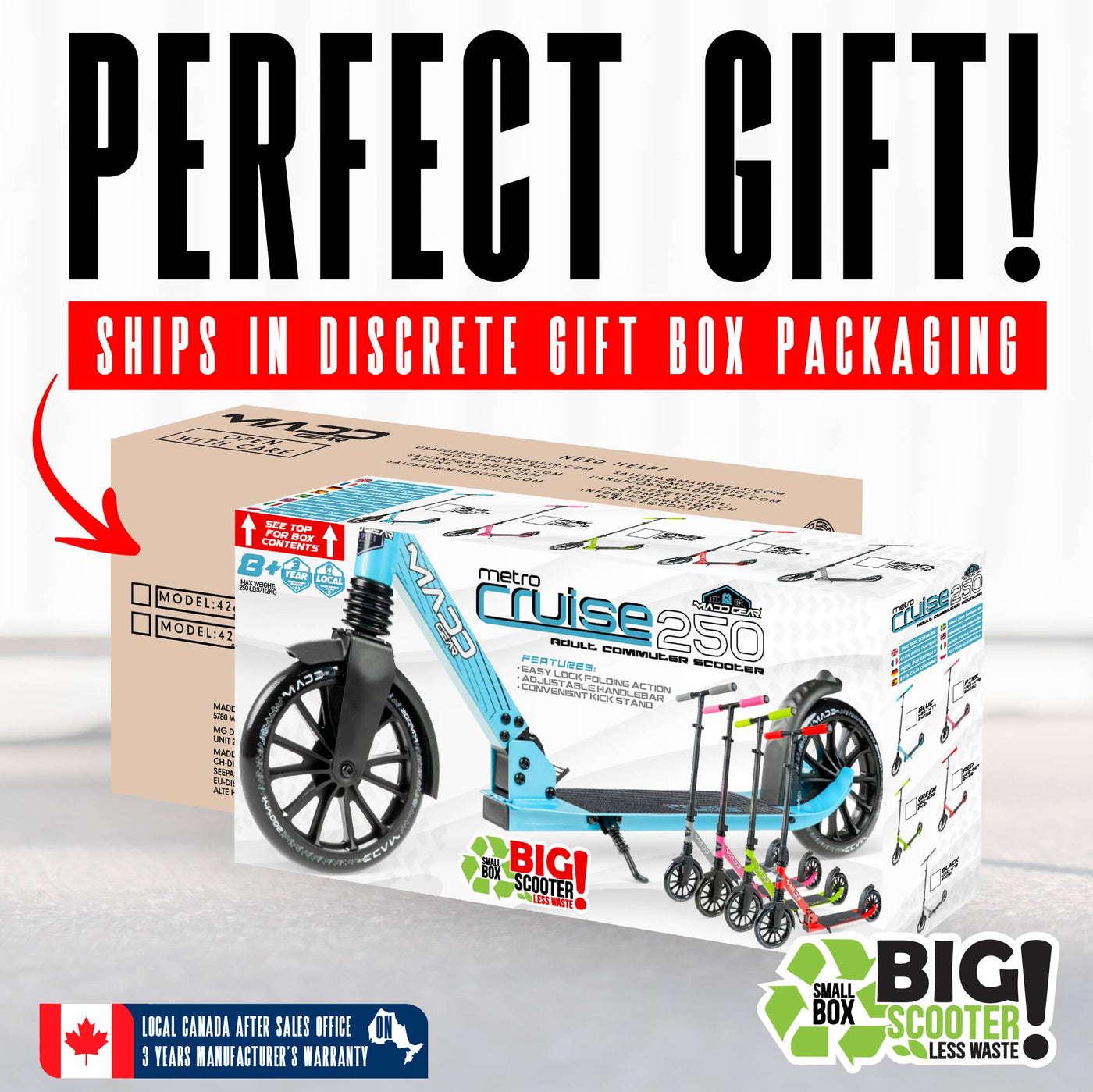 Madd Gear Metro Cruise 250 commuter scooter color box packaging is perfect for a gift.