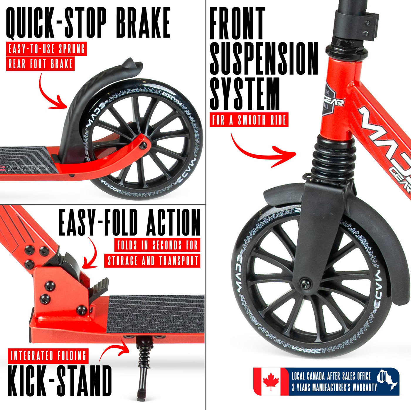 MG Madd Gear Metro Cruise 250 Folding Scooter. Cruise with ease with smooth bearings and quick stop brake.