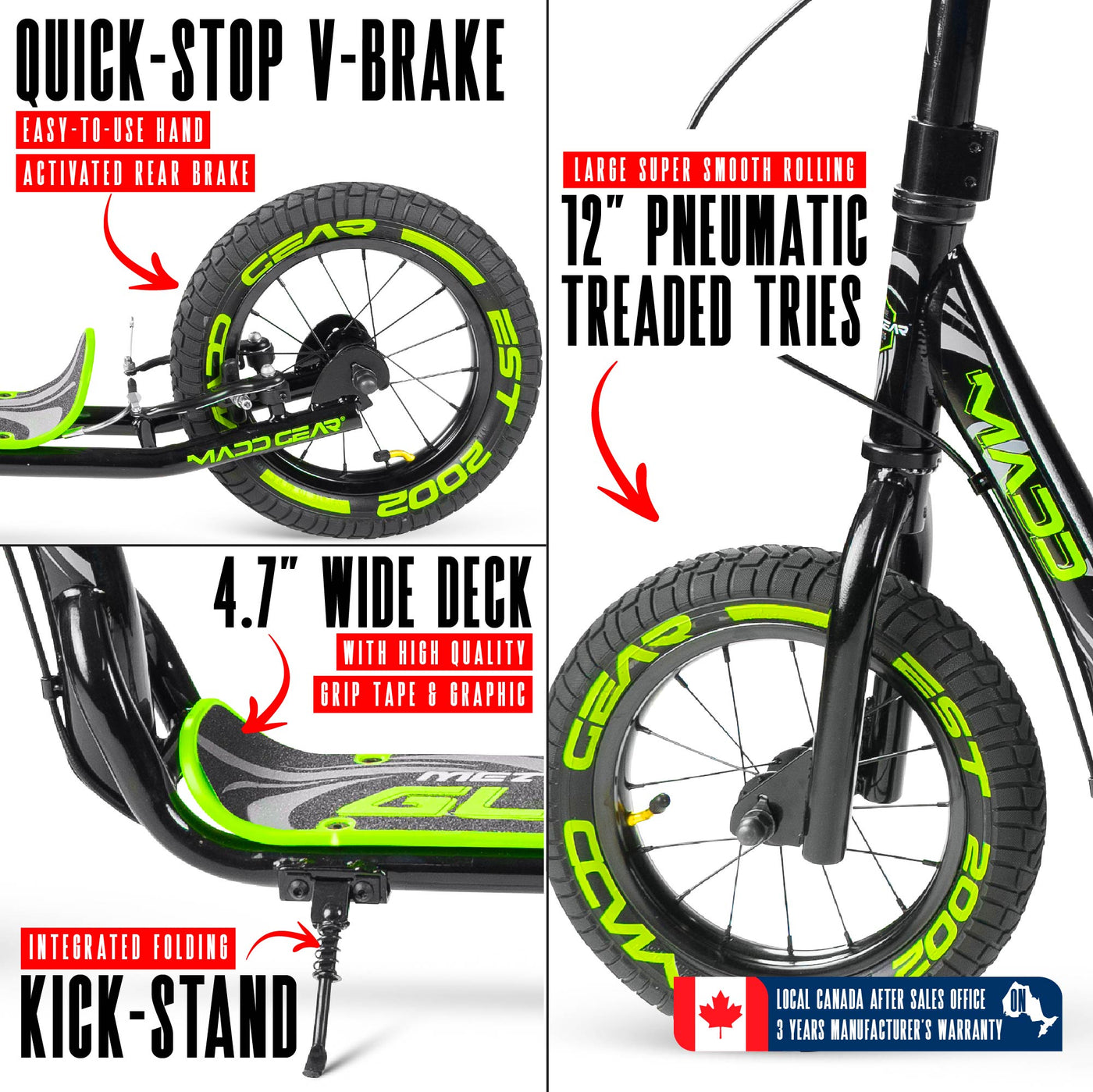 Madd Gear Dirt Scooter Metro Glide 300 Black Green Adults Teens Kids Commuter Flashback Renegade Large Air Filled Tires Kickstand