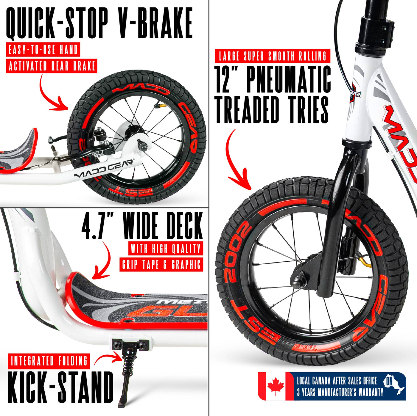 Madd Gear Dirt Scooter Metro Glide 300 White Red Adults Teens Kids Commuter Flashback Renegade Large Air Filled Tires Kickstand