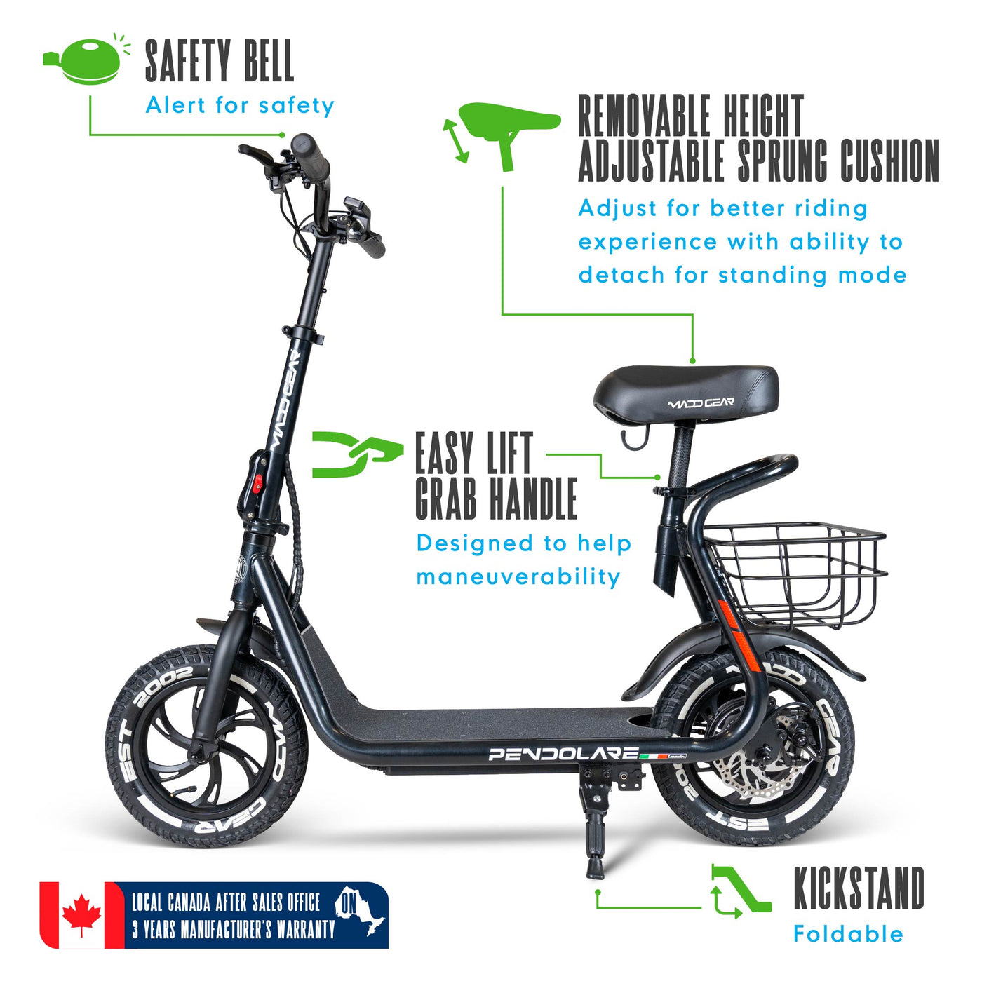 Madd Gear Pendolare 300 Electric Commuter Scooter GoTrax Jetson Black Teens Adults Boys Girls Kickstand Safety Bell Height Adjustable Seat