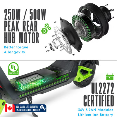 Madd Gear Electric Folding Terra-X Scooter GoTrax Boys Girls Black Green 250W 500W Peak Rear Hub Motor 36V Battery