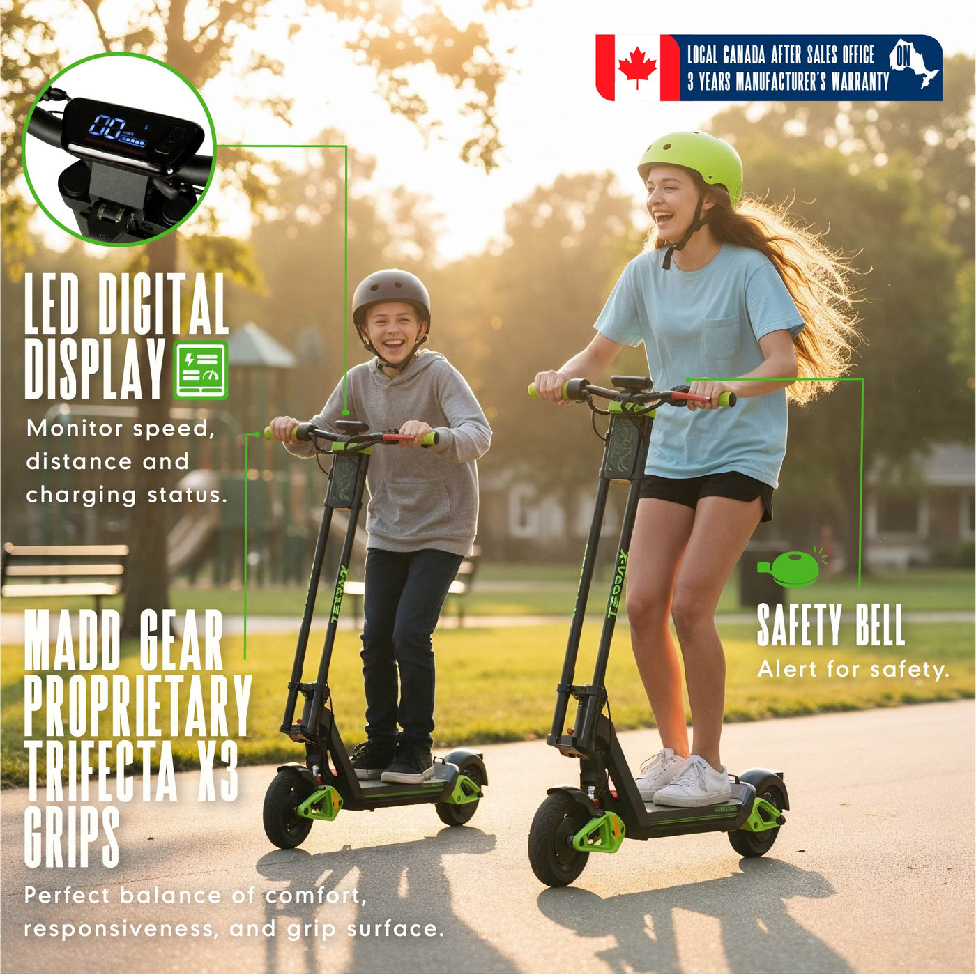 Madd Gear Madgear Terra-X Commuter Portable Foldable Scooter Kids Adults Boys Girls Black Green GoTrax LED Digital Display Trifecta Grips