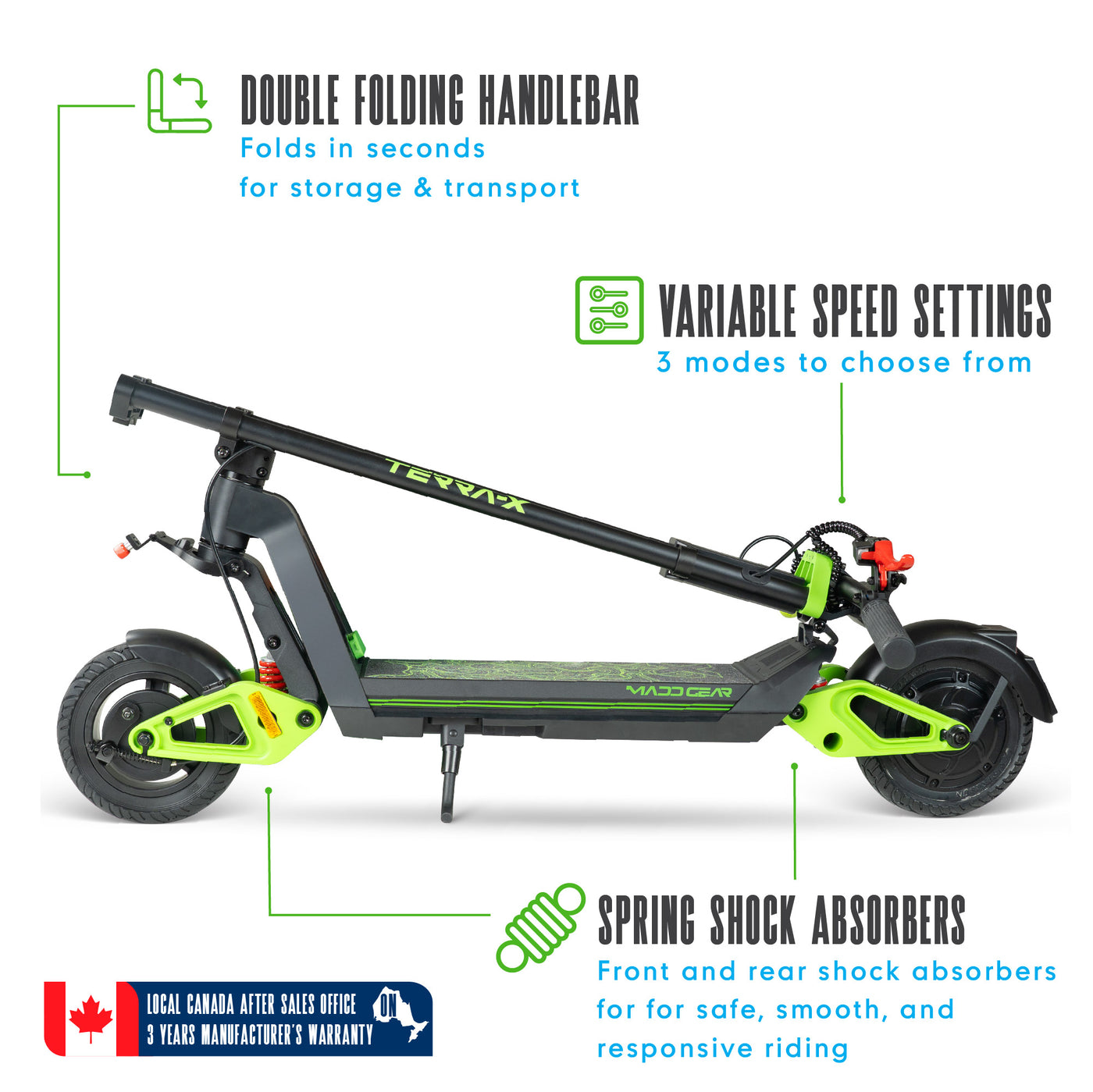 MGP Madgear Madd Gear Terra-X Commuter Electric Scooter Adults Teens All Terrain Foldable Dual Suspension Black Green