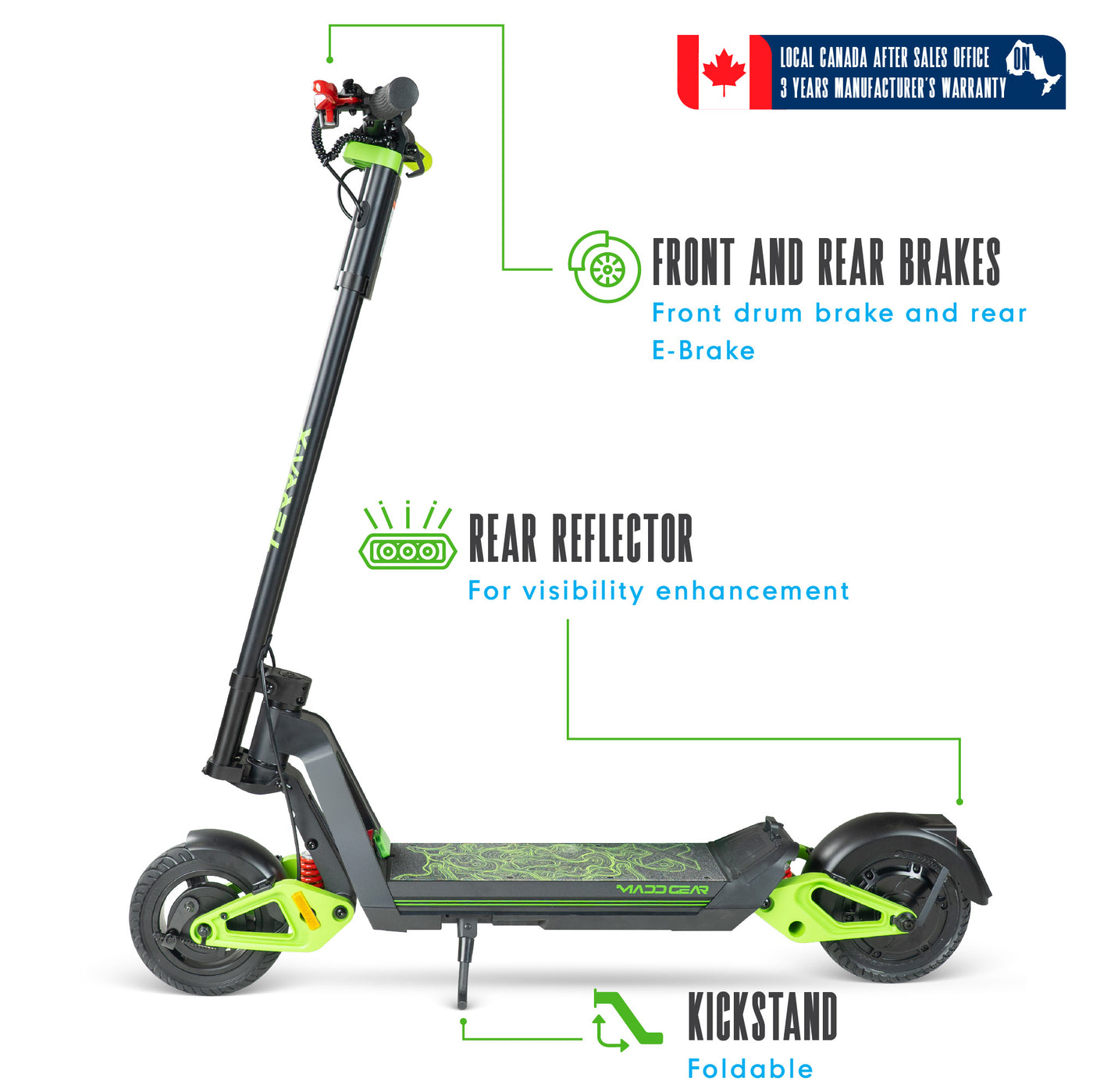 Madd Gear madgear Electric Commuter Scooter Terra-X Boys Girls Teens Adults Black Green Kickstand