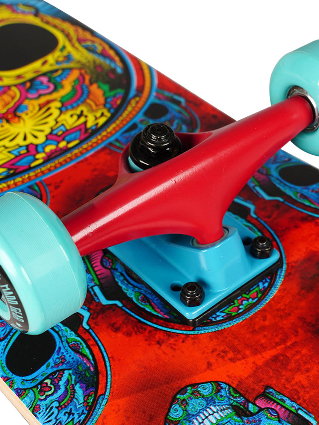 madd gear skateboard complete alloy trucks red blue wheels bearings